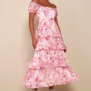 Lulus Phenomenal Vision Pink Multi Lurex Puff Sleeve Tiered Midi Dress (XL)